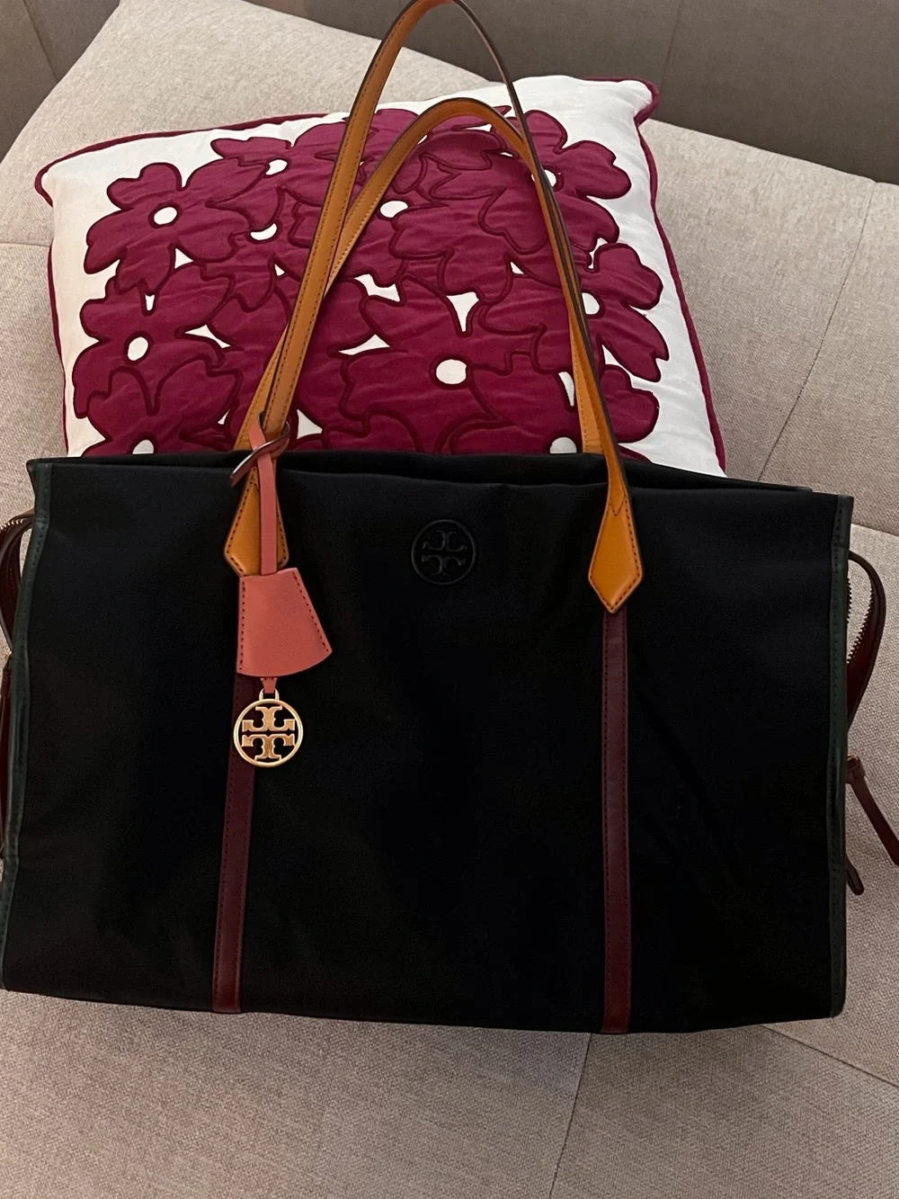 Tory Burch Black Nylon Tote with Leather Tan Straps and Burgundy Trim